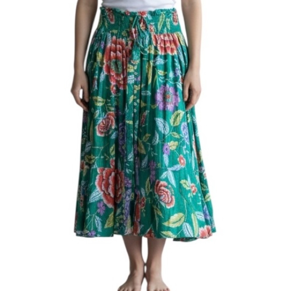 Rachel Zoe Floral print Midi Skirt Green Tassels Partial button up Tropical Sz L